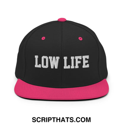 Low Life Embroidered Flat Bill Brim Snapback Hat Black Neon Pink