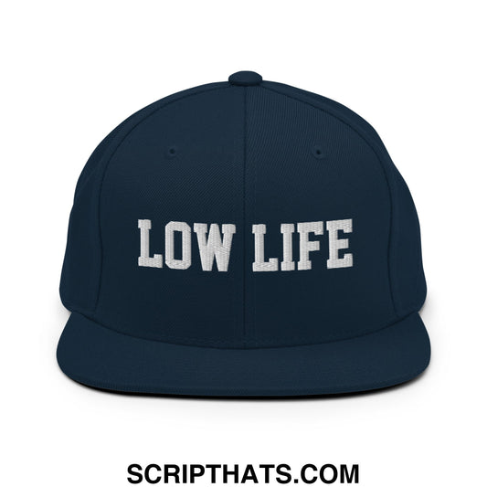 Navy blue snapback hat with white embroidered low life text and flat bill brim for casual wear