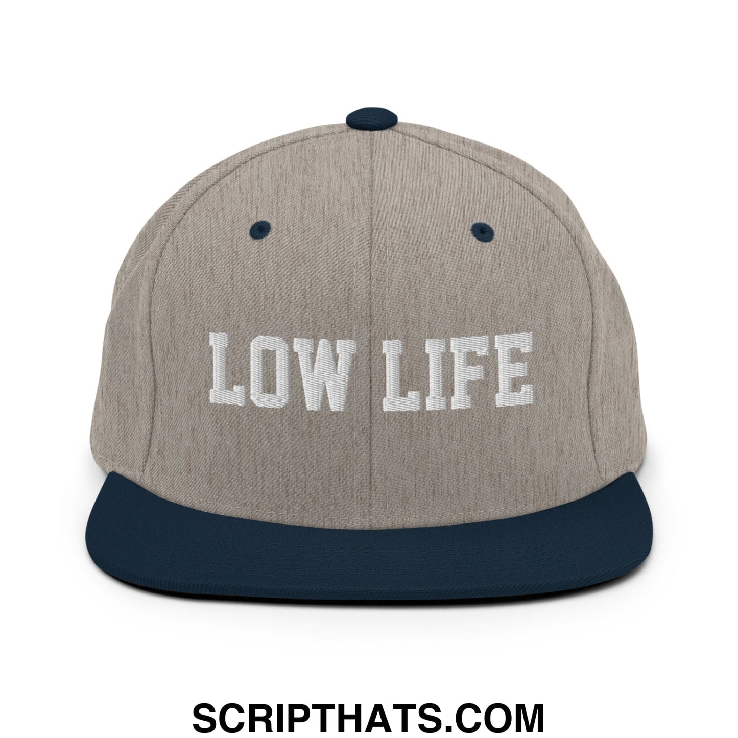 Low Life Embroidered Flat Bill Brim Snapback Hat Heather Grey Navy