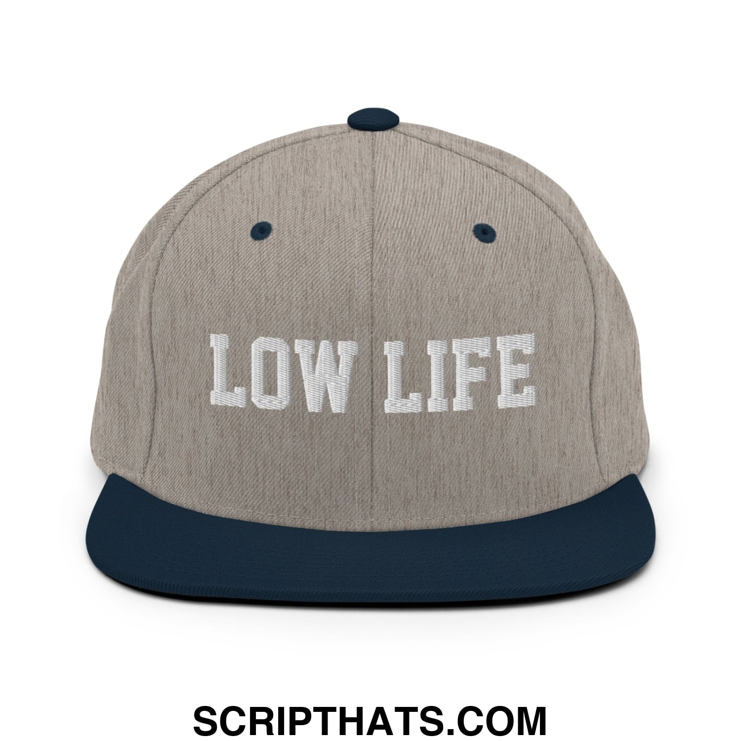 Low Life Embroidered Flat Bill Brim Snapback Hat Heather Grey Navy