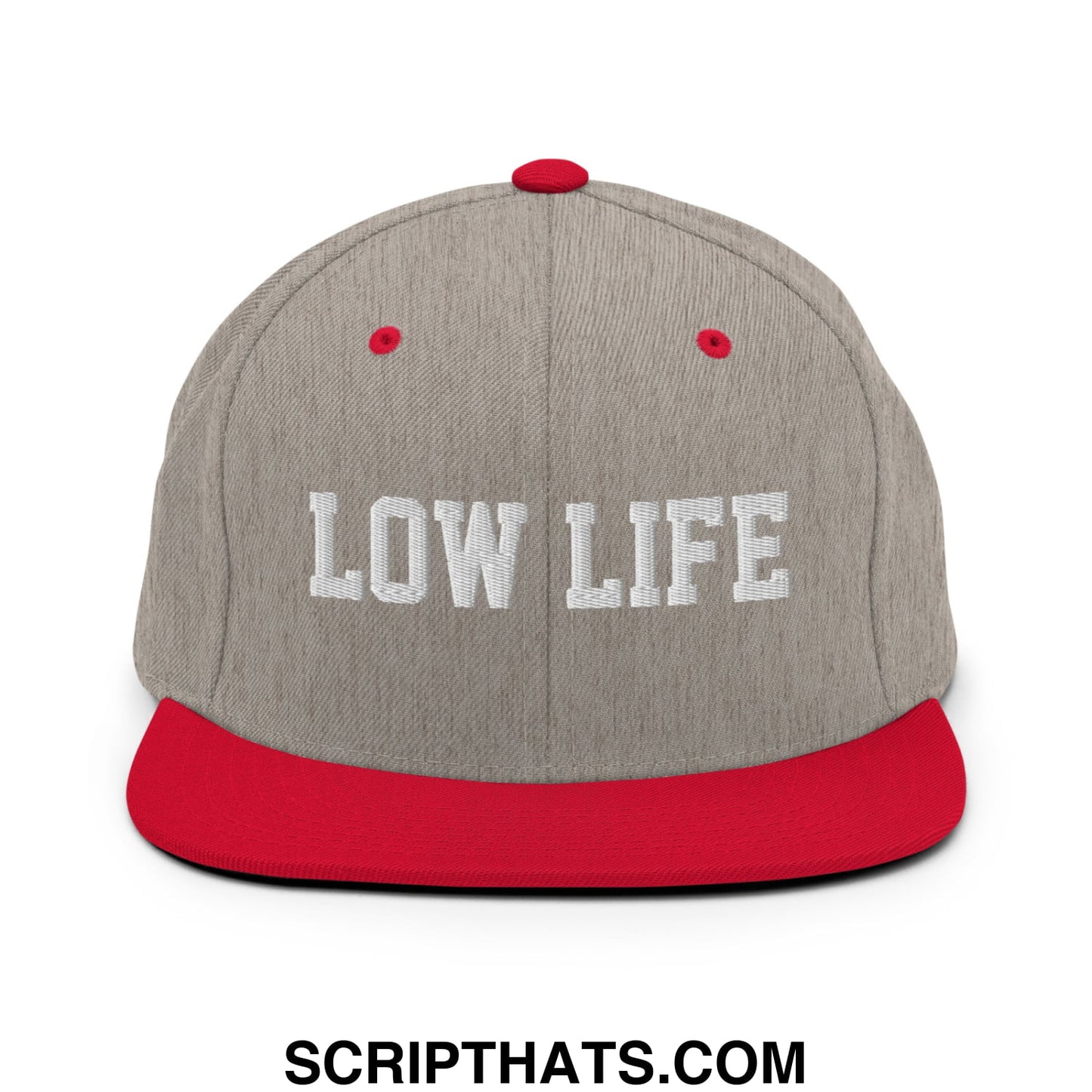 Low Life Embroidered Flat Bill Brim Snapback Hat Heather Grey Red