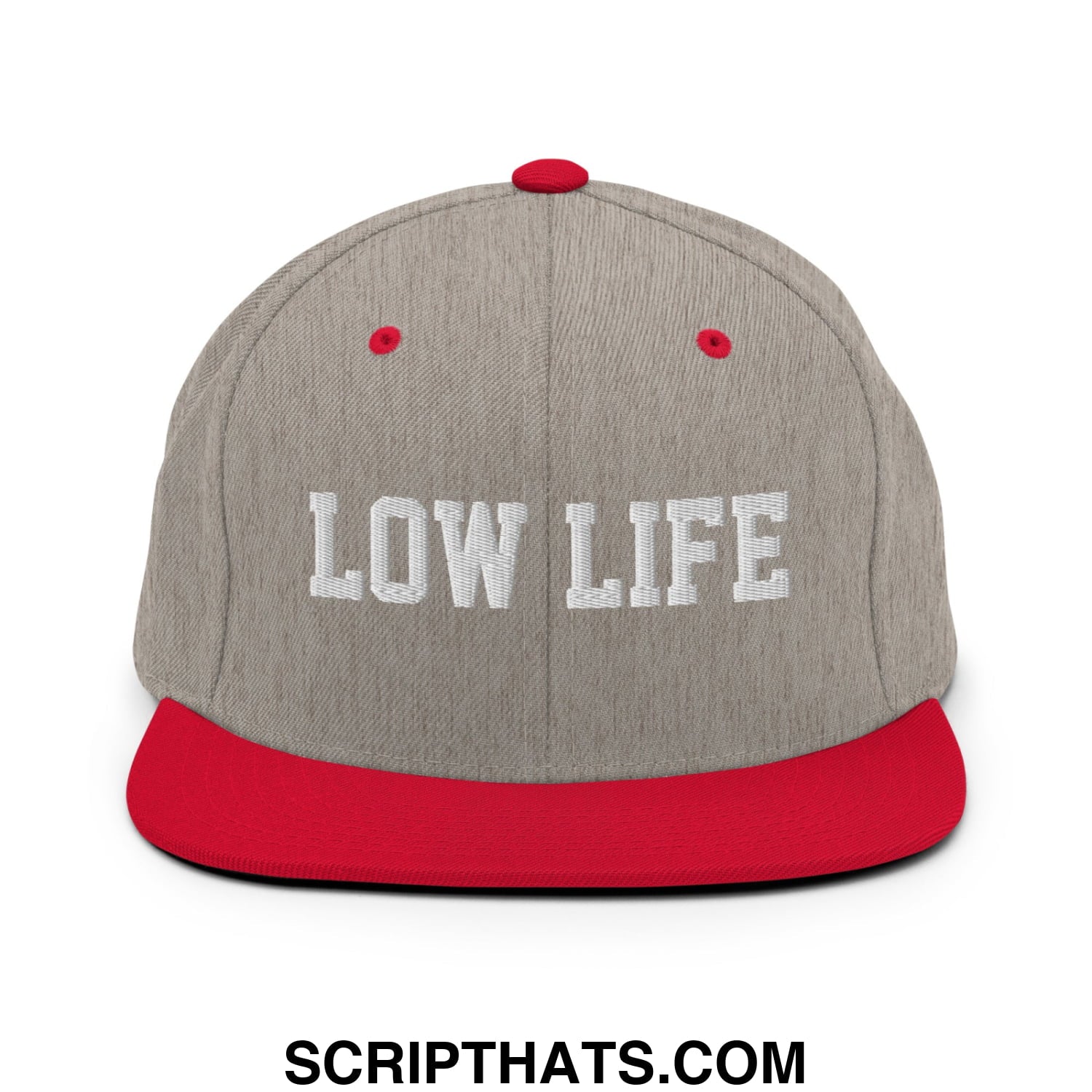 Low Life Embroidered Flat Bill Brim Snapback Hat Heather Grey Red
