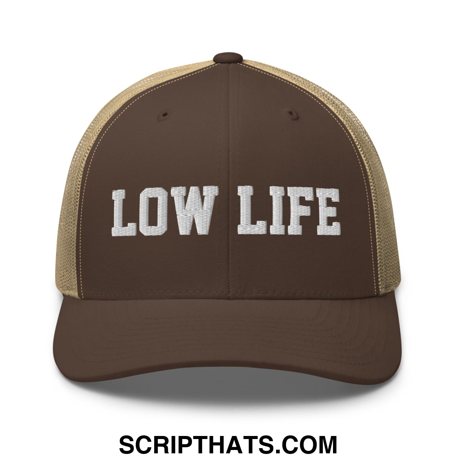 Low Life Embroidered Mesh Trucker Hat Brown Khaki