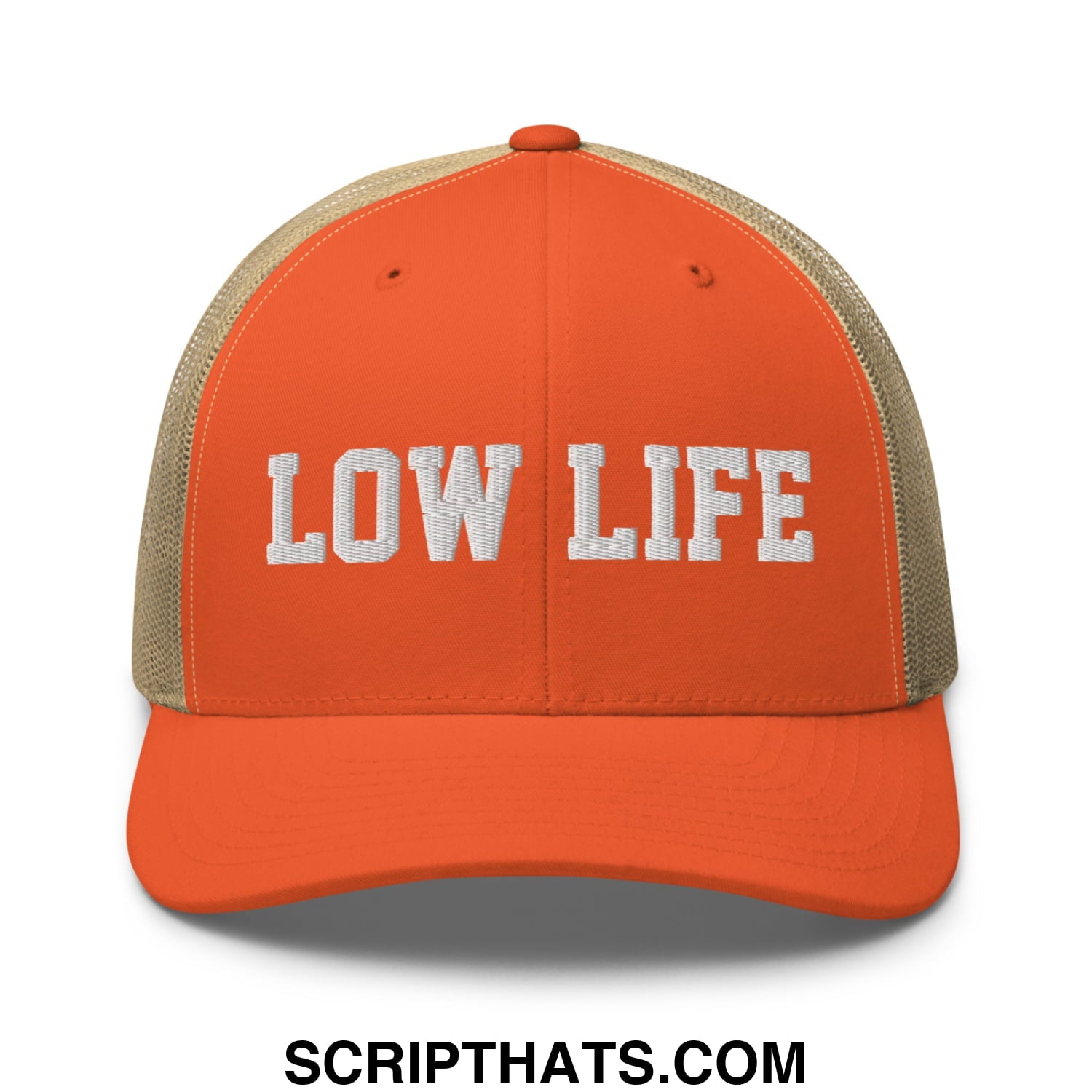 Low Life Embroidered Mesh Trucker Hat Rustic Orange Khaki