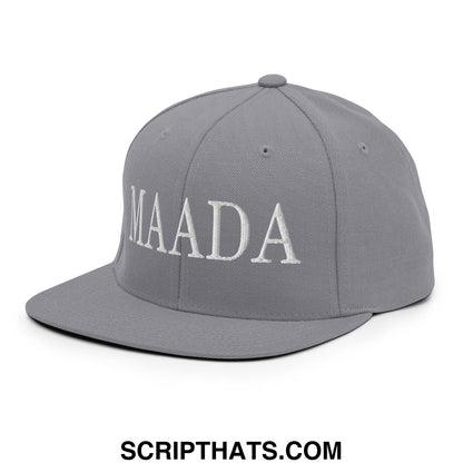 Gray snapback cap with white embroidered maada lettering flat bill brim for political statement wear