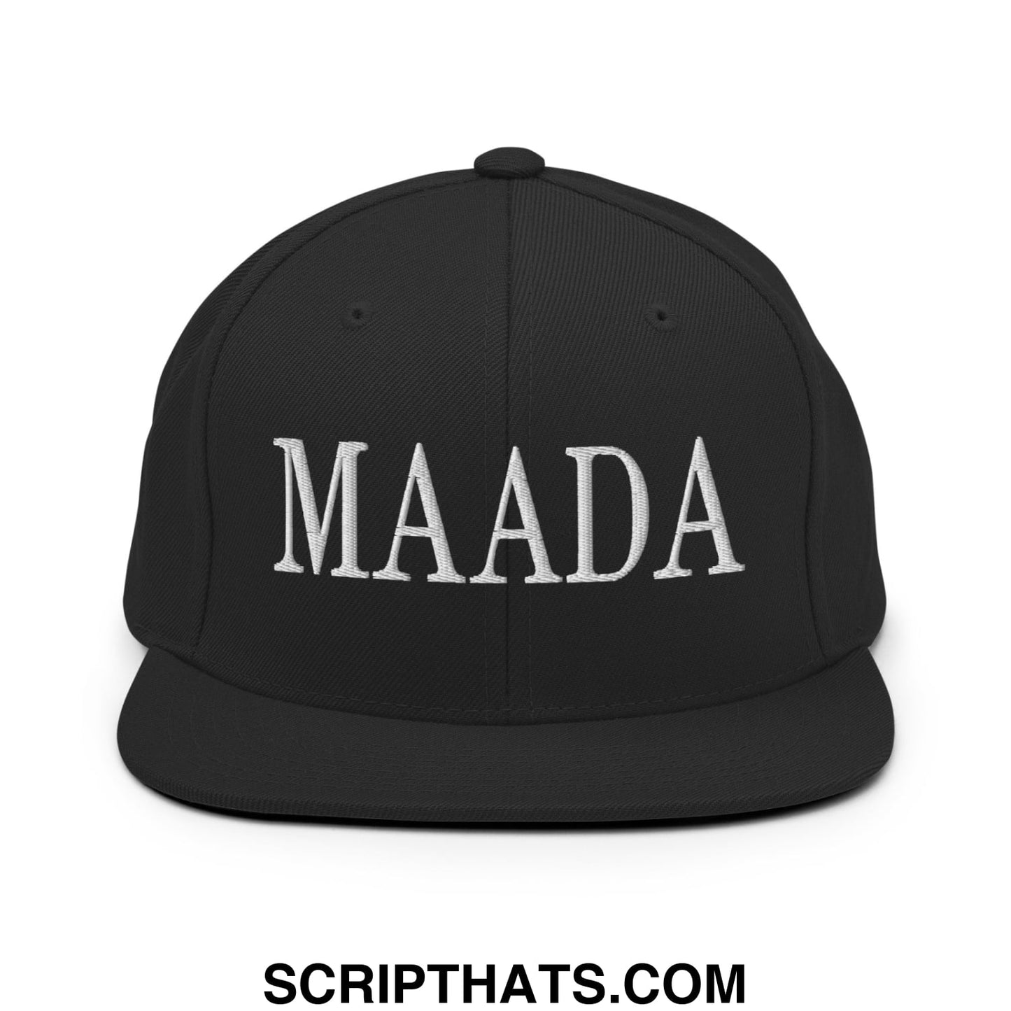 Black snapback cap with white embroidered maada lettering featuring a flat bill brim for casual wear
