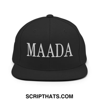 Black snapback cap with white embroidered maada lettering featuring a flat bill brim for casual wear