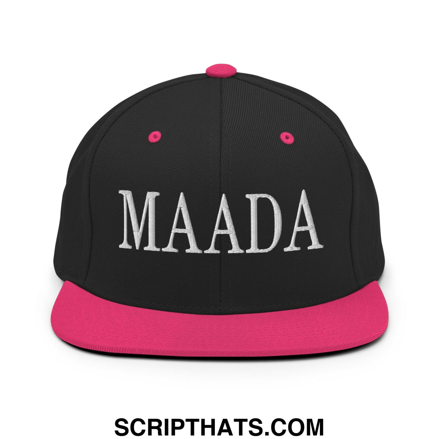 Black snapback cap with vibrant pink brim and button featuring maada embroidered in bold white letters front
