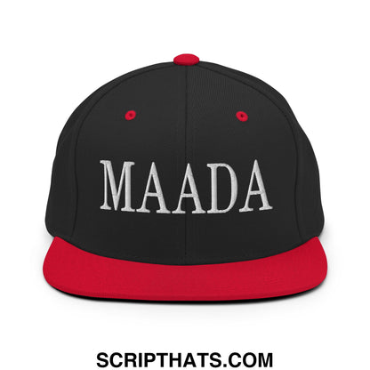 Black and red snapback cap with white embroidered maada lettering from make america a democracy again collection