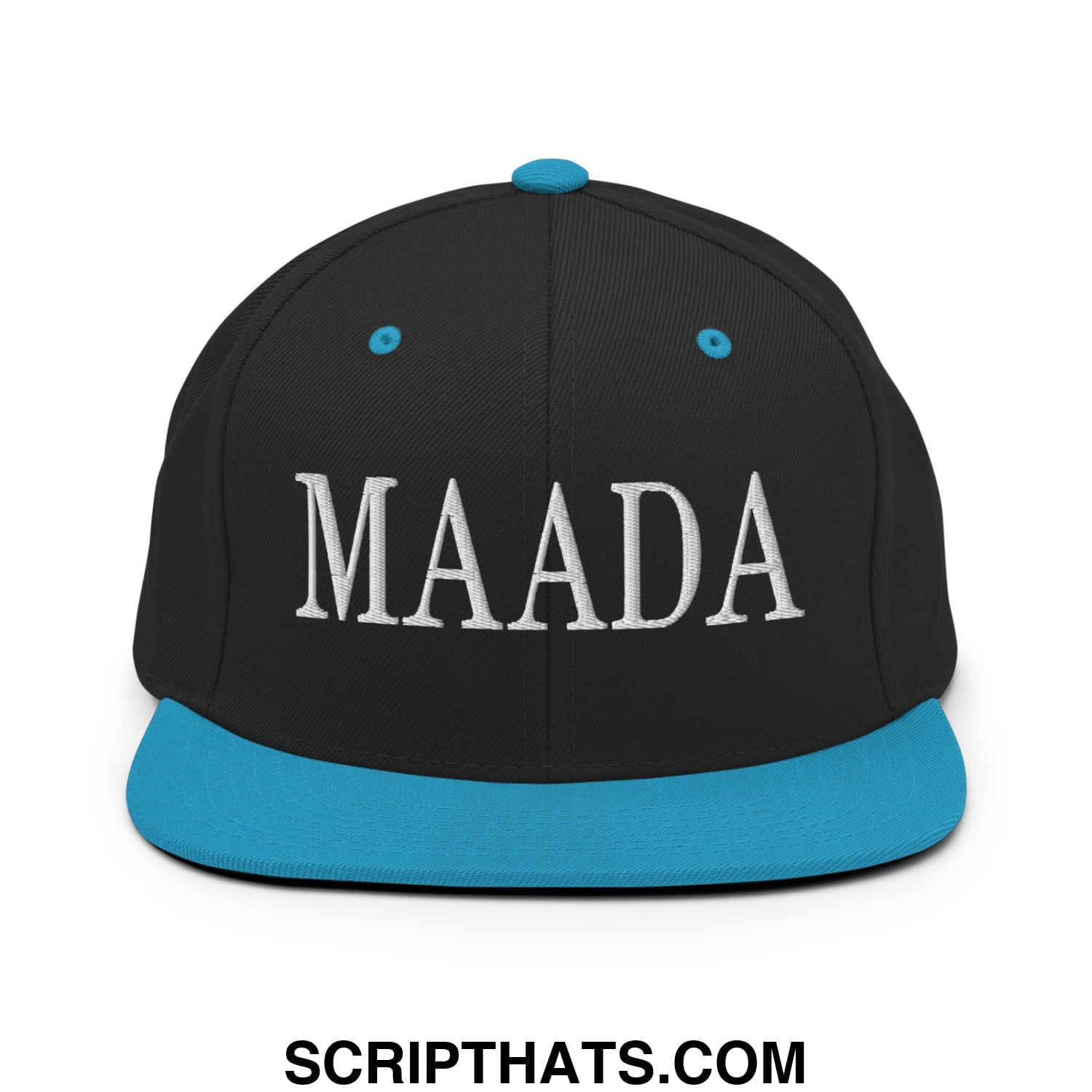 Black snapback cap with teal brim and button featuring bold white maada embroidery for Make America A Democracy Again