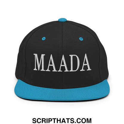Black snapback cap with teal brim and button featuring bold white maada embroidery for Make America A Democracy Again