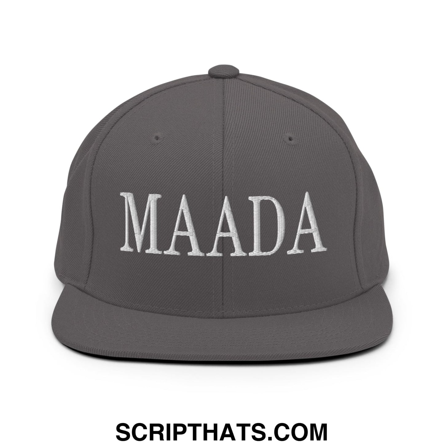 A dark gray flat bill snapback hat with maada embroidered in white for make america a democracy again campaign