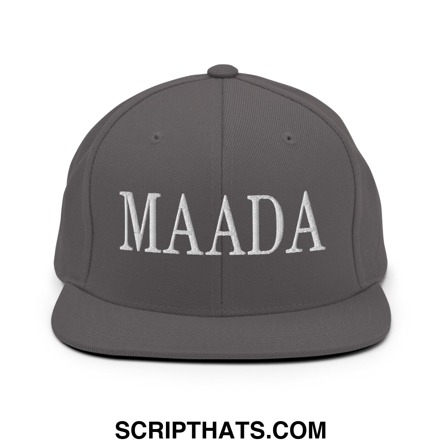 A dark gray flat bill snapback hat with maada embroidered in white for make america a democracy again campaign