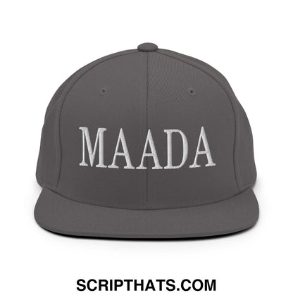 A dark gray flat bill snapback hat with maada embroidered in white for make america a democracy again campaign