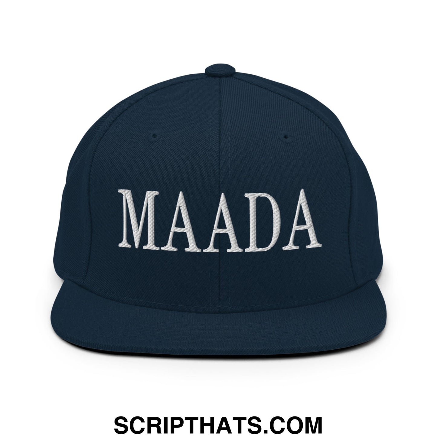 Navy blue snapback cap with white embroidered maada lettering flat bill brim for Make America A Democracy Again campaign