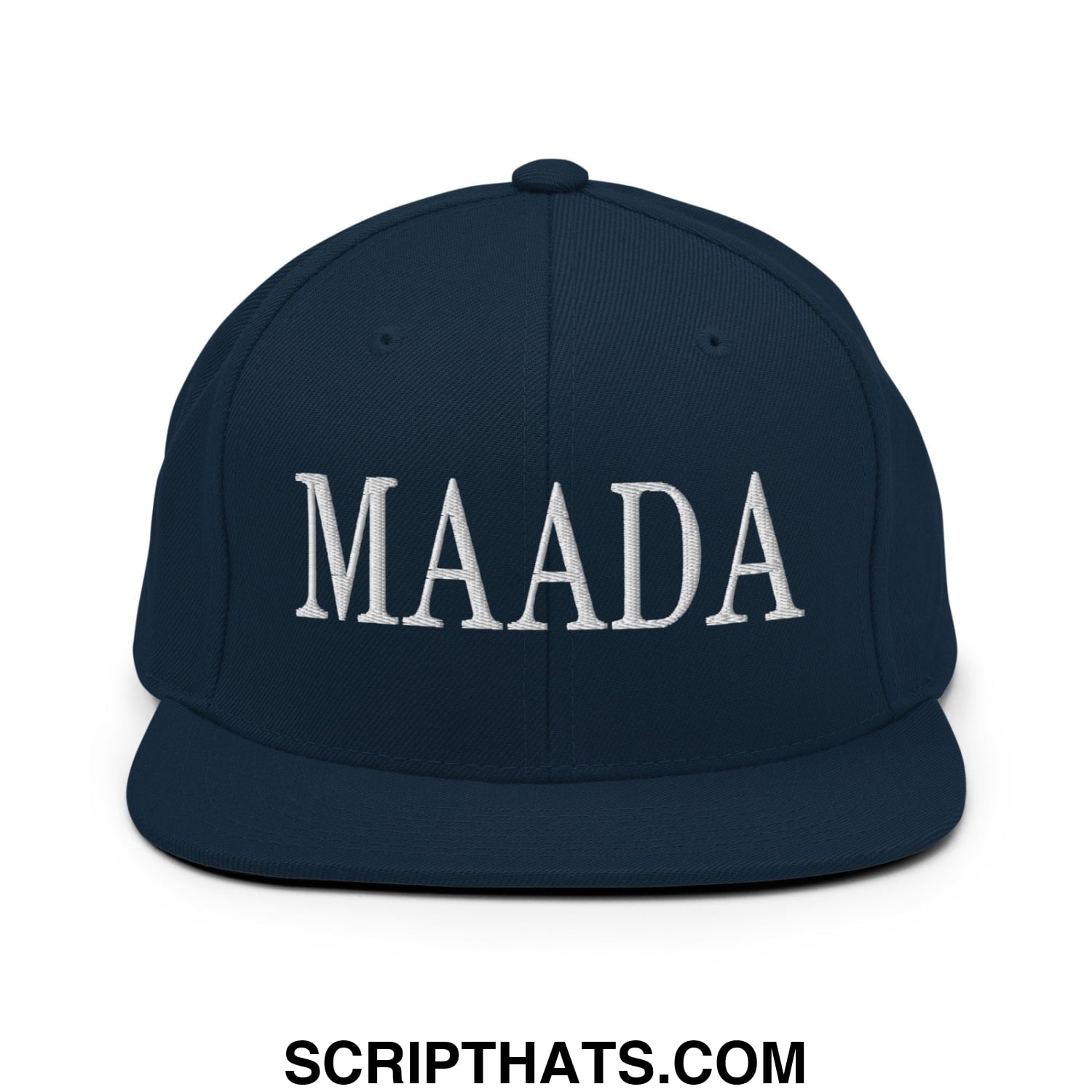 Navy blue snapback cap with white embroidered maada lettering flat bill brim for Make America A Democracy Again campaign
