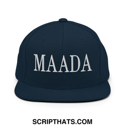 Navy blue snapback cap with white embroidered maada lettering flat bill brim for Make America A Democracy Again campaign