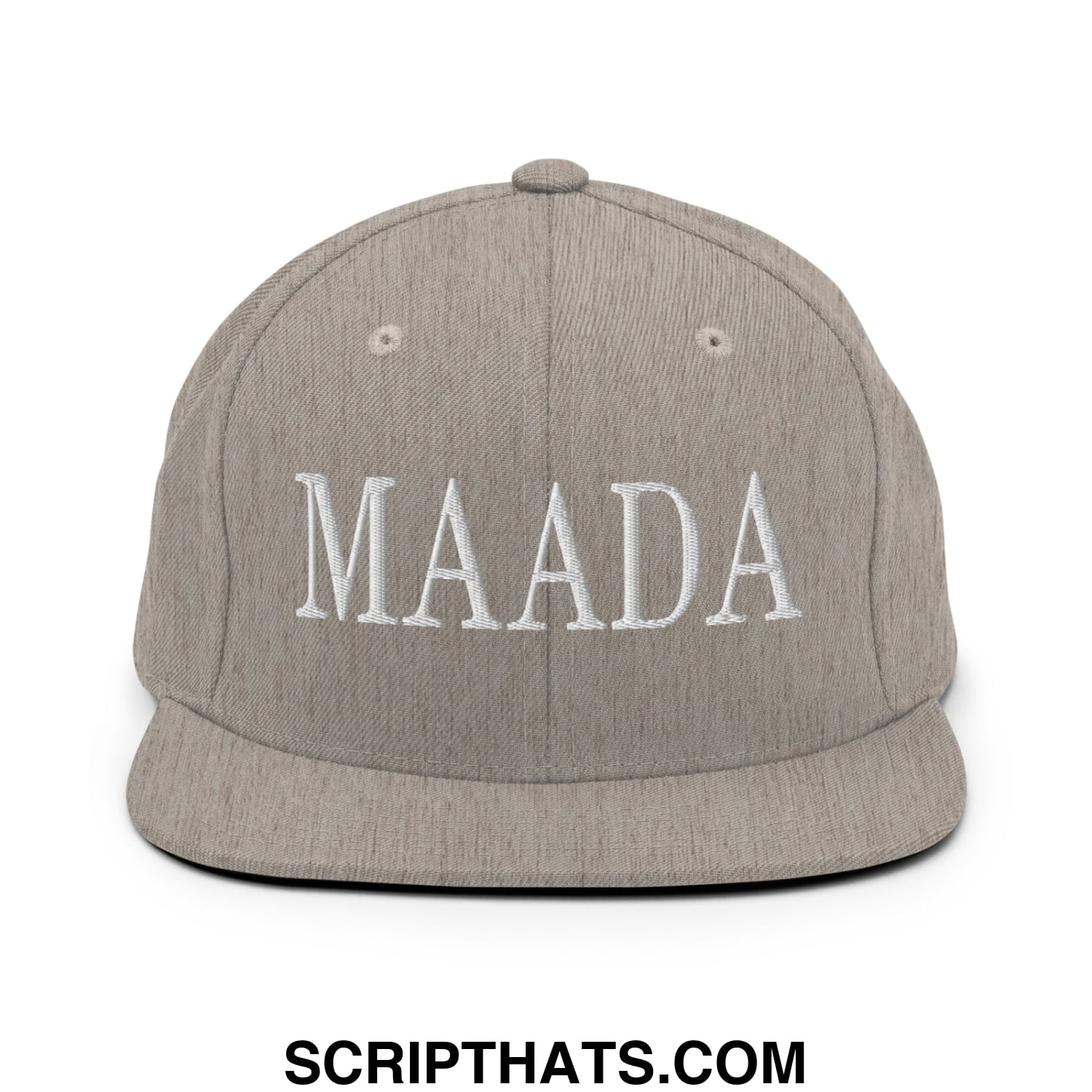 Gray snapback hat with white embroidered maada lettering flat bill brim for Make America A Democracy Again campaign