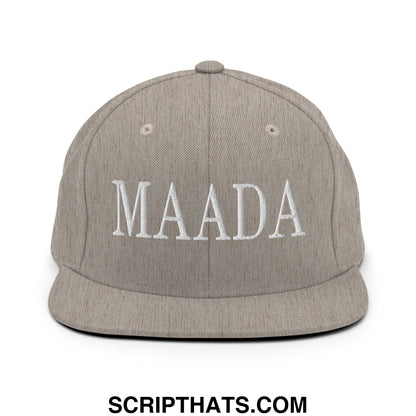 Gray snapback hat with white embroidered maada lettering flat bill brim for Make America A Democracy Again campaign