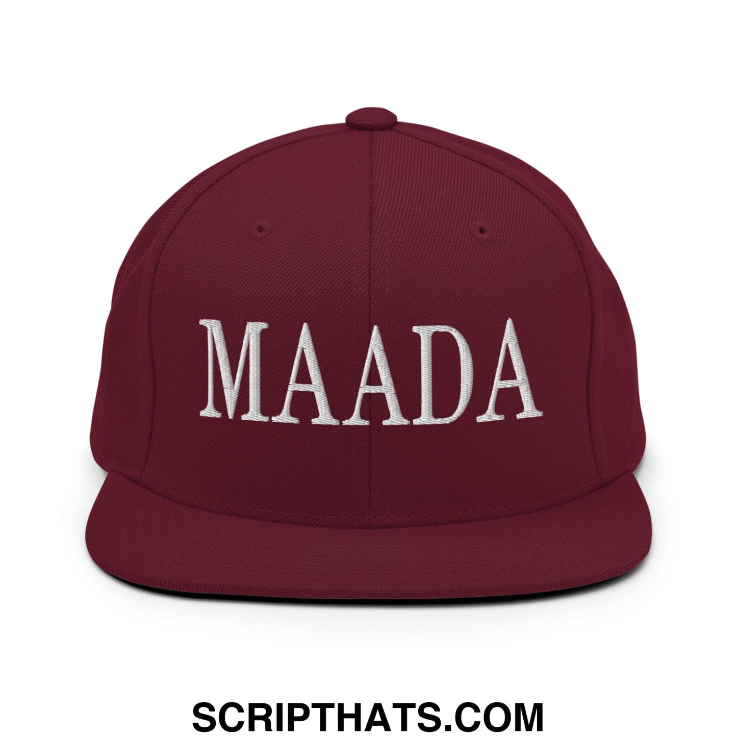 Maroon flat bill snapback hat with white embroidered maada lettering for Make America A Democracy Again campaign