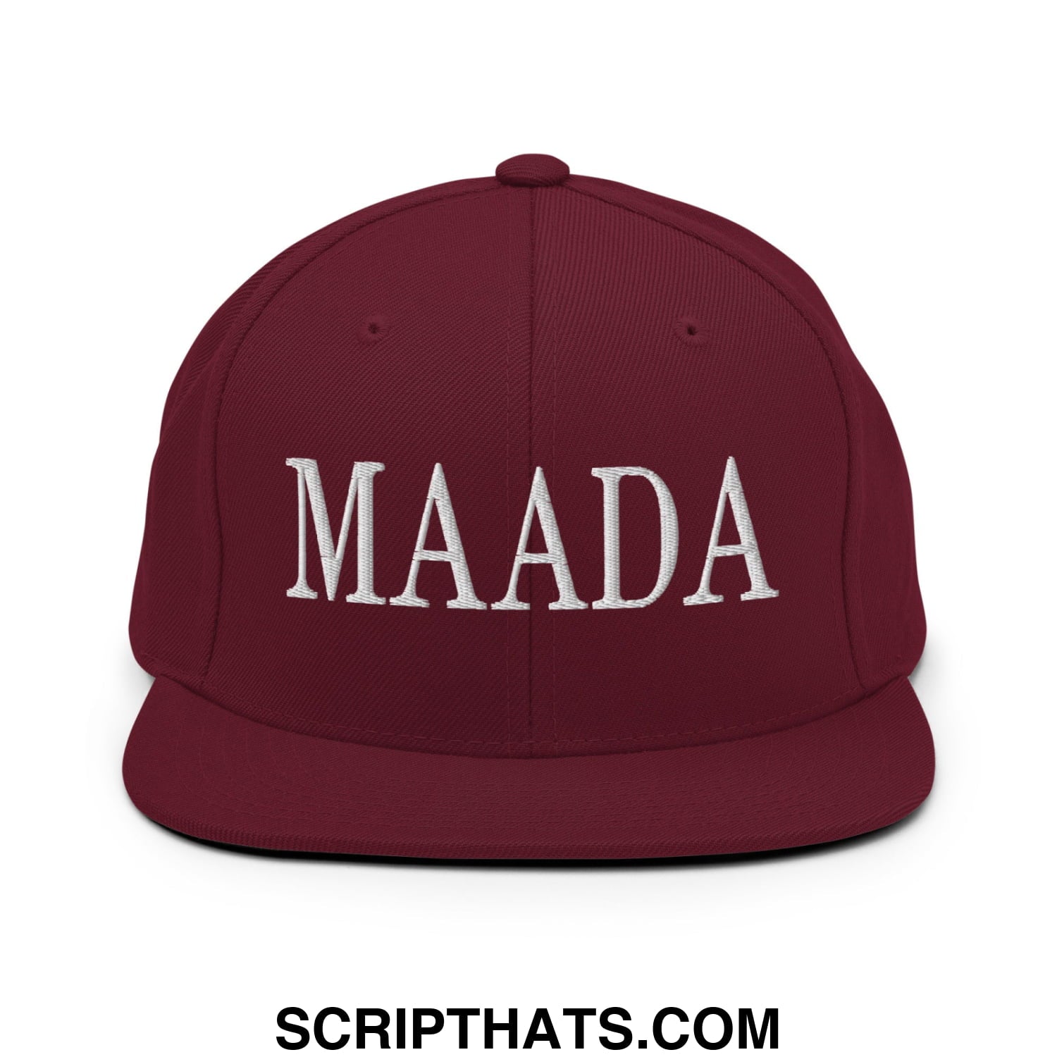 Maroon flat bill snapback hat with white embroidered maada lettering for Make America A Democracy Again campaign