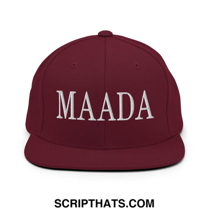 Maroon flat bill snapback hat with white embroidered maada lettering for Make America A Democracy Again campaign