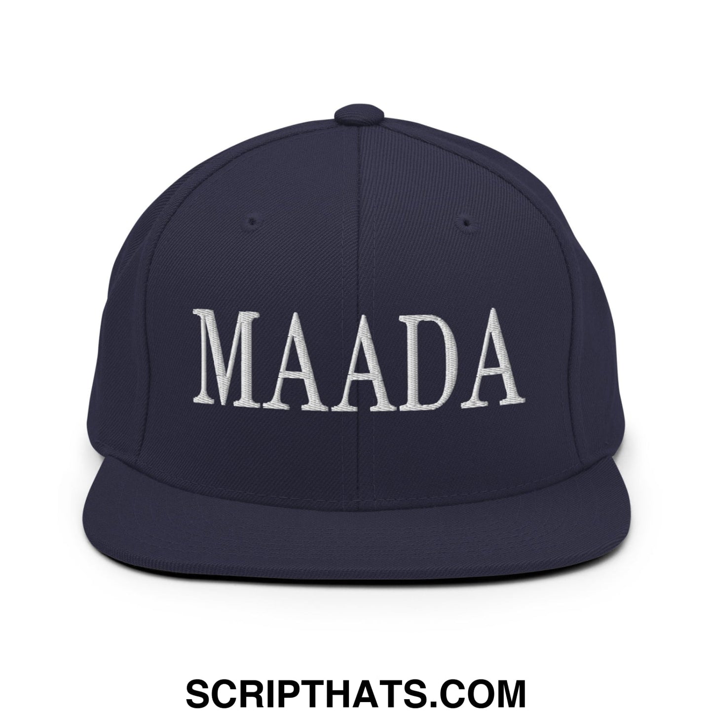 Navy blue flat bill snapback cap with white embroidered maada lettering Make America A Democracy Again design