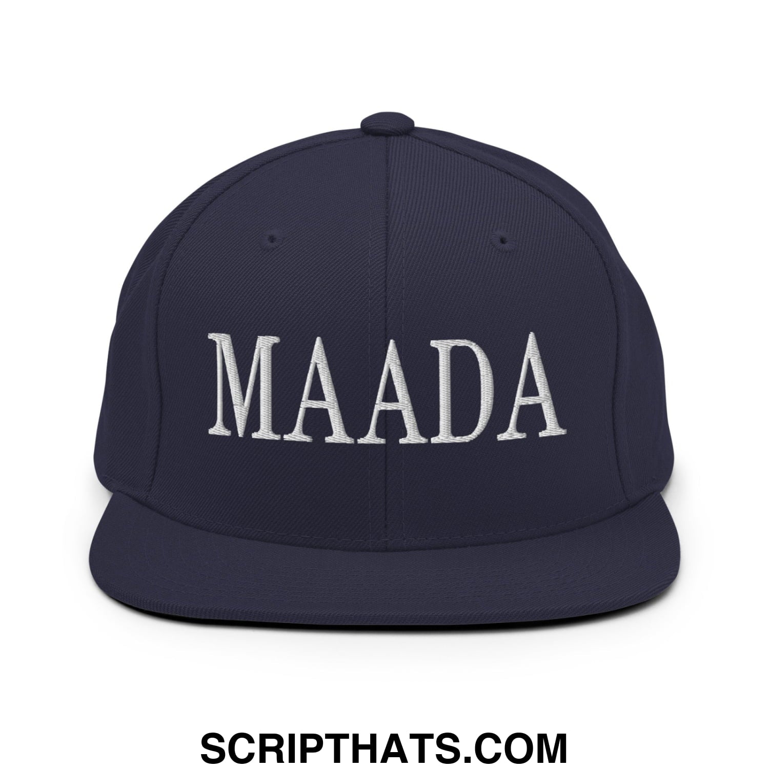 Navy blue flat bill snapback cap with white embroidered maada lettering Make America A Democracy Again design