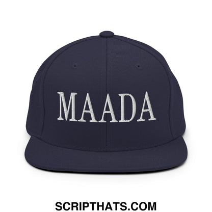 Navy blue flat bill snapback cap with white embroidered maada lettering Make America A Democracy Again design