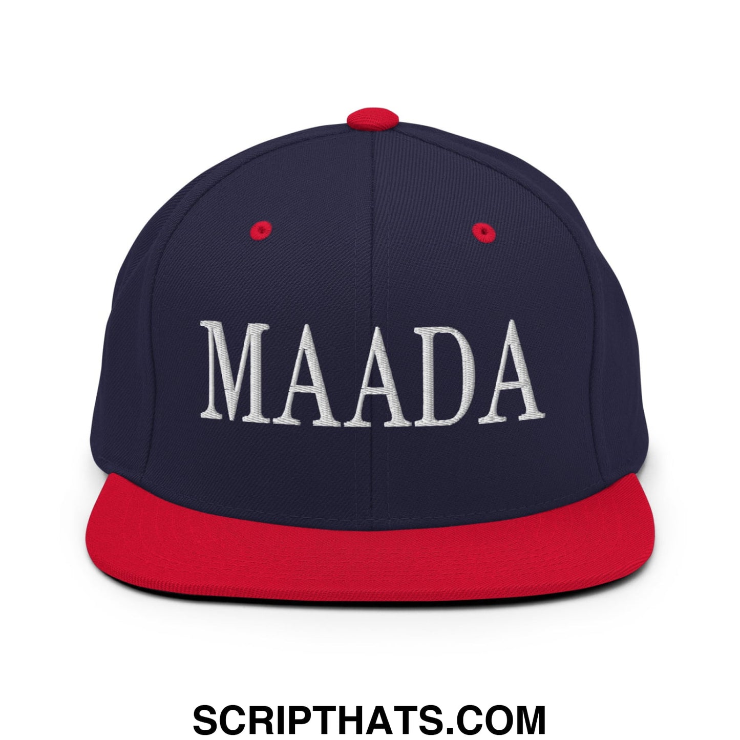 Navy blue and red snapback hat with white embroidered maada lettering and flat bill brim for casual wear