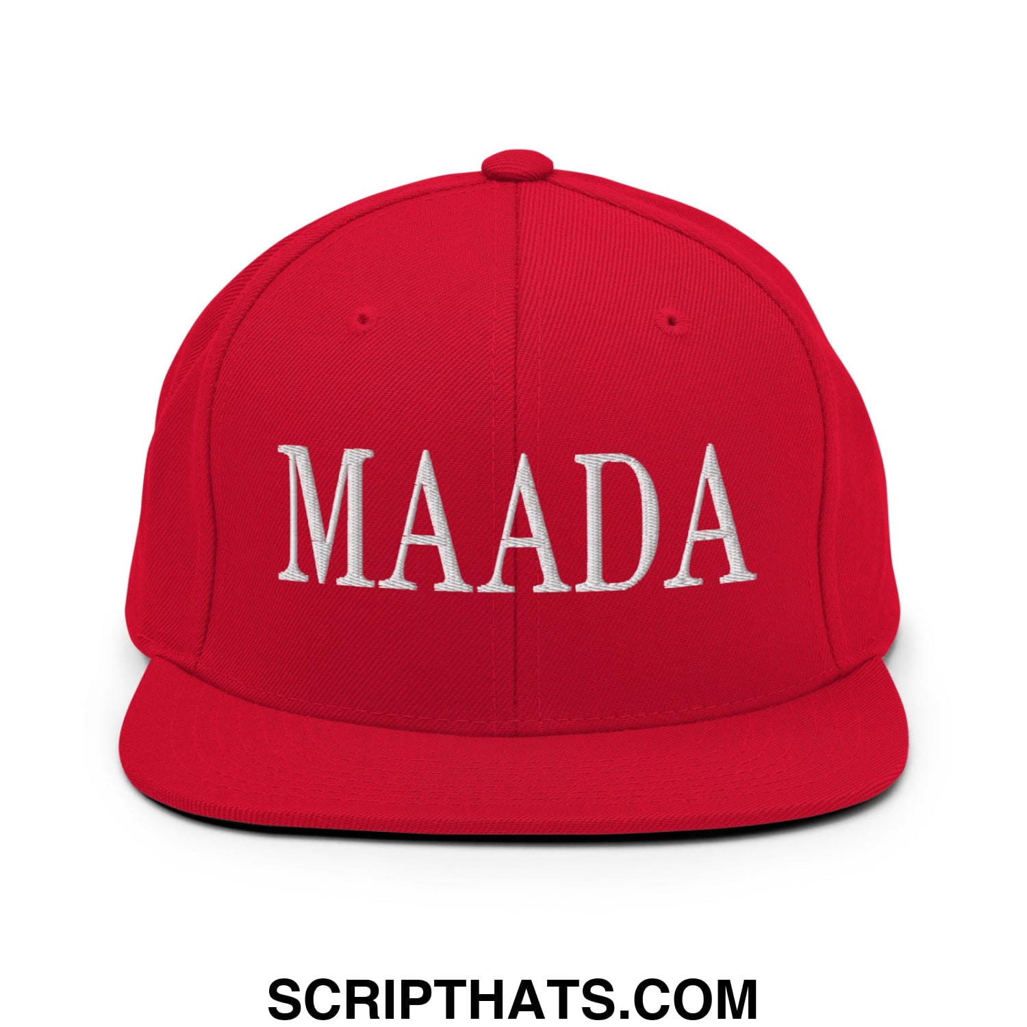 Red snapback cap with white embroidered maada lettering and flat bill brim for a democracy awareness look