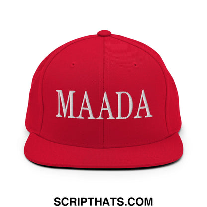 Red snapback cap with white embroidered maada lettering and flat bill brim for a democracy awareness look
