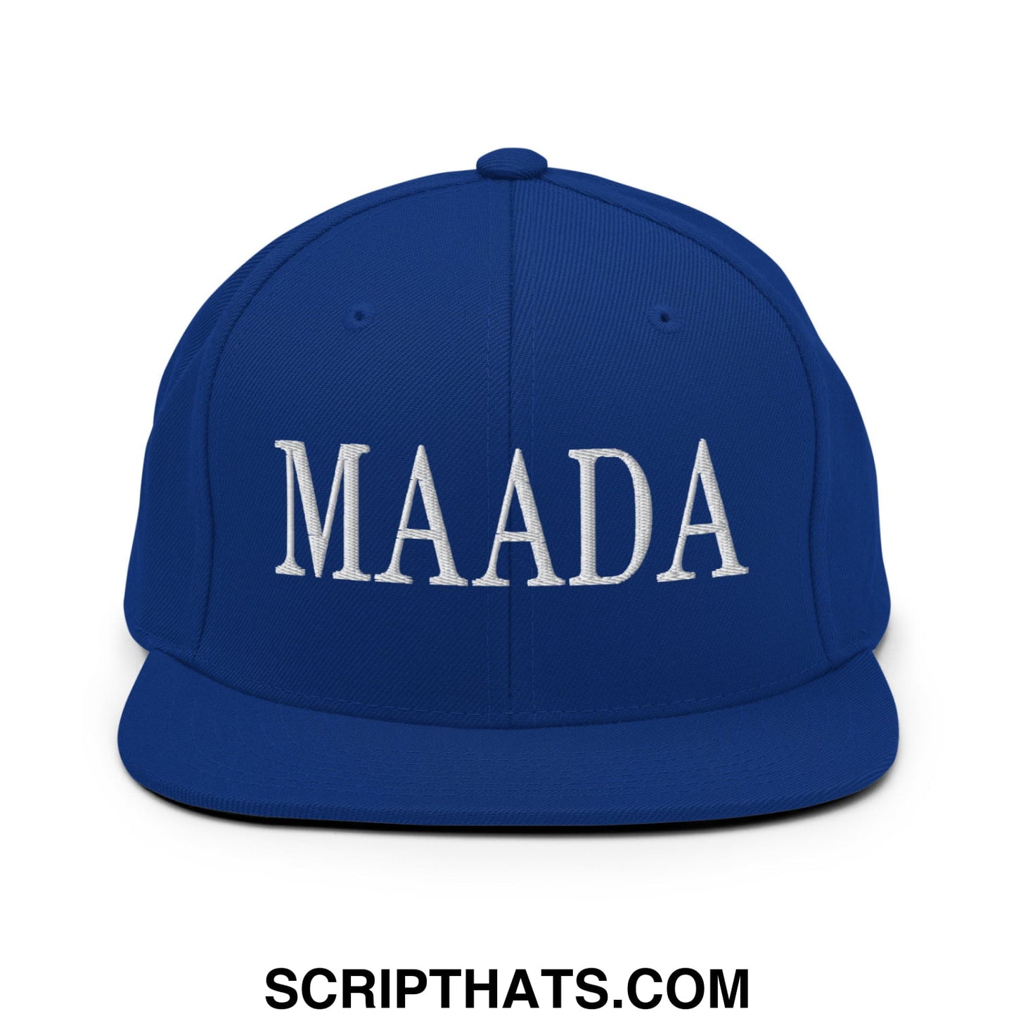 Royal blue snapback cap with white embroidered maada lettering flat bill brim for make america a democracy again