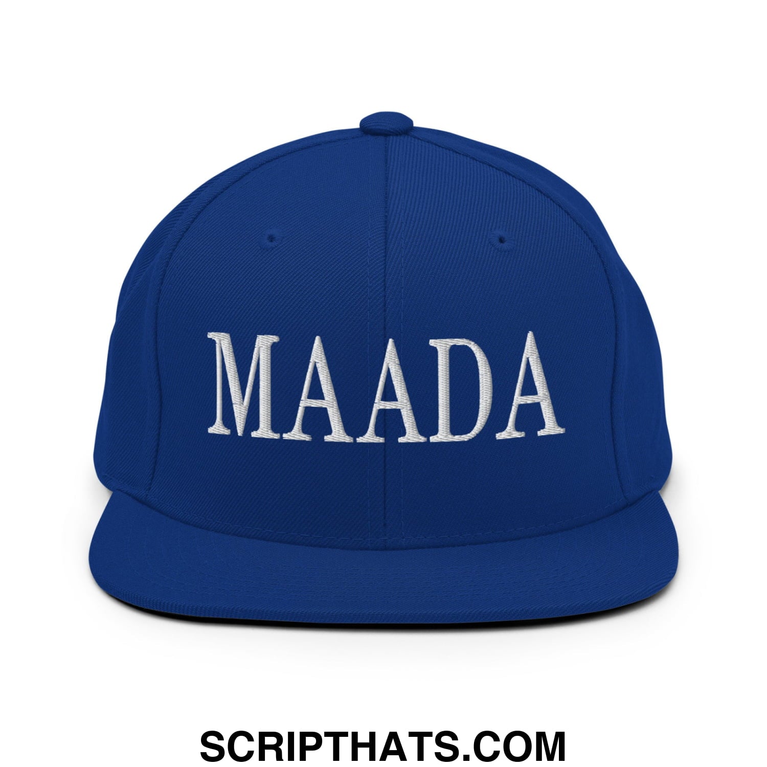 Royal blue snapback cap with white embroidered maada lettering flat bill brim for make america a democracy again