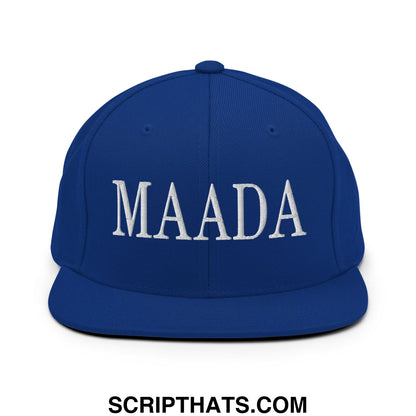 Royal blue snapback cap with white embroidered maada lettering flat bill brim for make america a democracy again