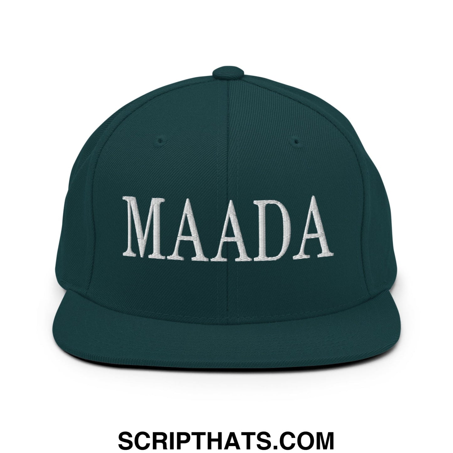 Dark green snapback cap with white embroidered maada lettering and flat bill brim for casual wear
