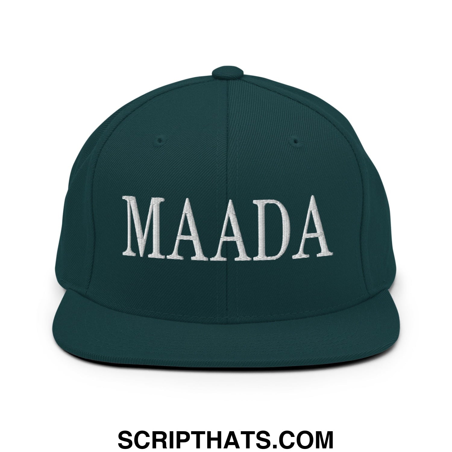 Dark green snapback cap with white embroidered maada lettering and flat bill brim for casual wear