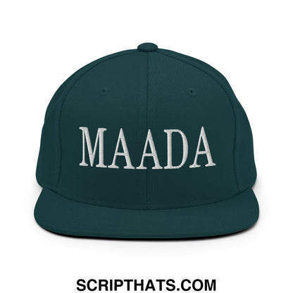 Dark green snapback cap with white embroidered maada lettering and flat bill brim for casual wear