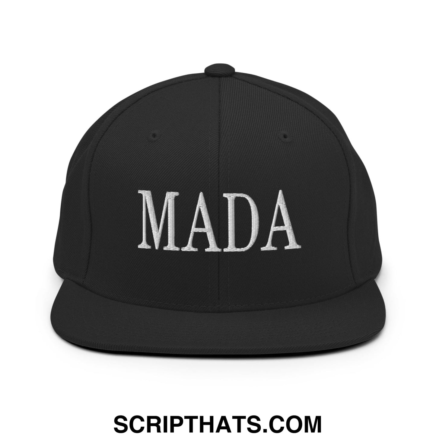 Black snapback cap with white embroidered mada lettering in flat bill brim for Make America Democrat Again style