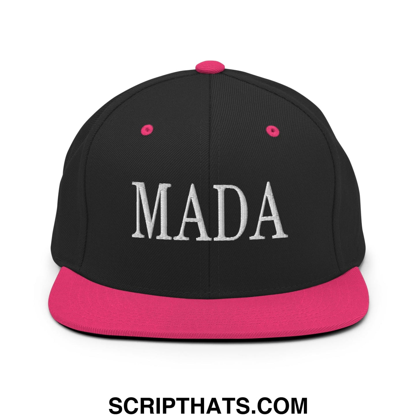 Black snapback cap with vibrant pink brim and mada embroidered in white on front flat bill brim hat