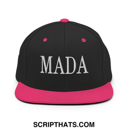 Black snapback cap with vibrant pink brim and mada embroidered in white on front flat bill brim hat