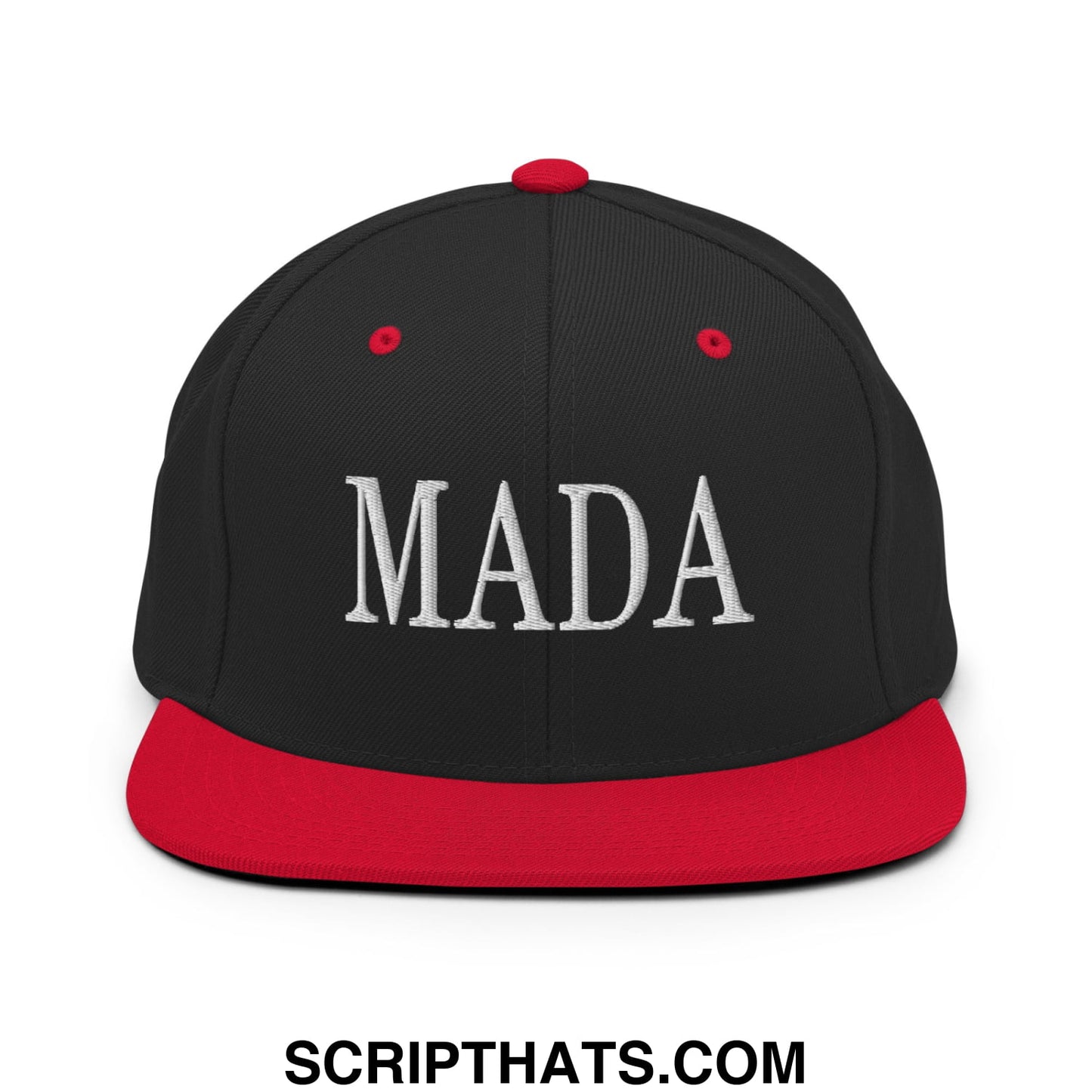 Black snapback cap with red brim and button featuring white embroidered mada lettering for Make America Democrat Again
