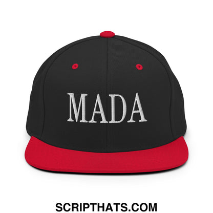 Black snapback cap with red brim and button featuring white embroidered mada lettering for Make America Democrat Again