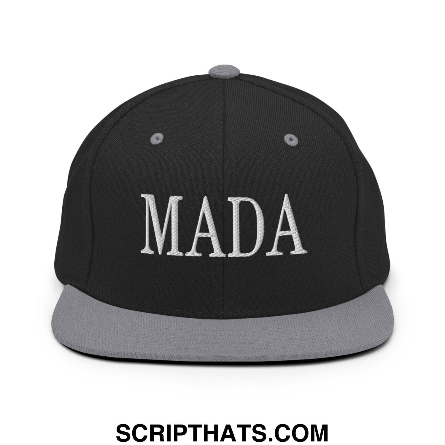 Black snapback cap with gray flat bill and white embroidered mada logo for Make America Democrat Again style