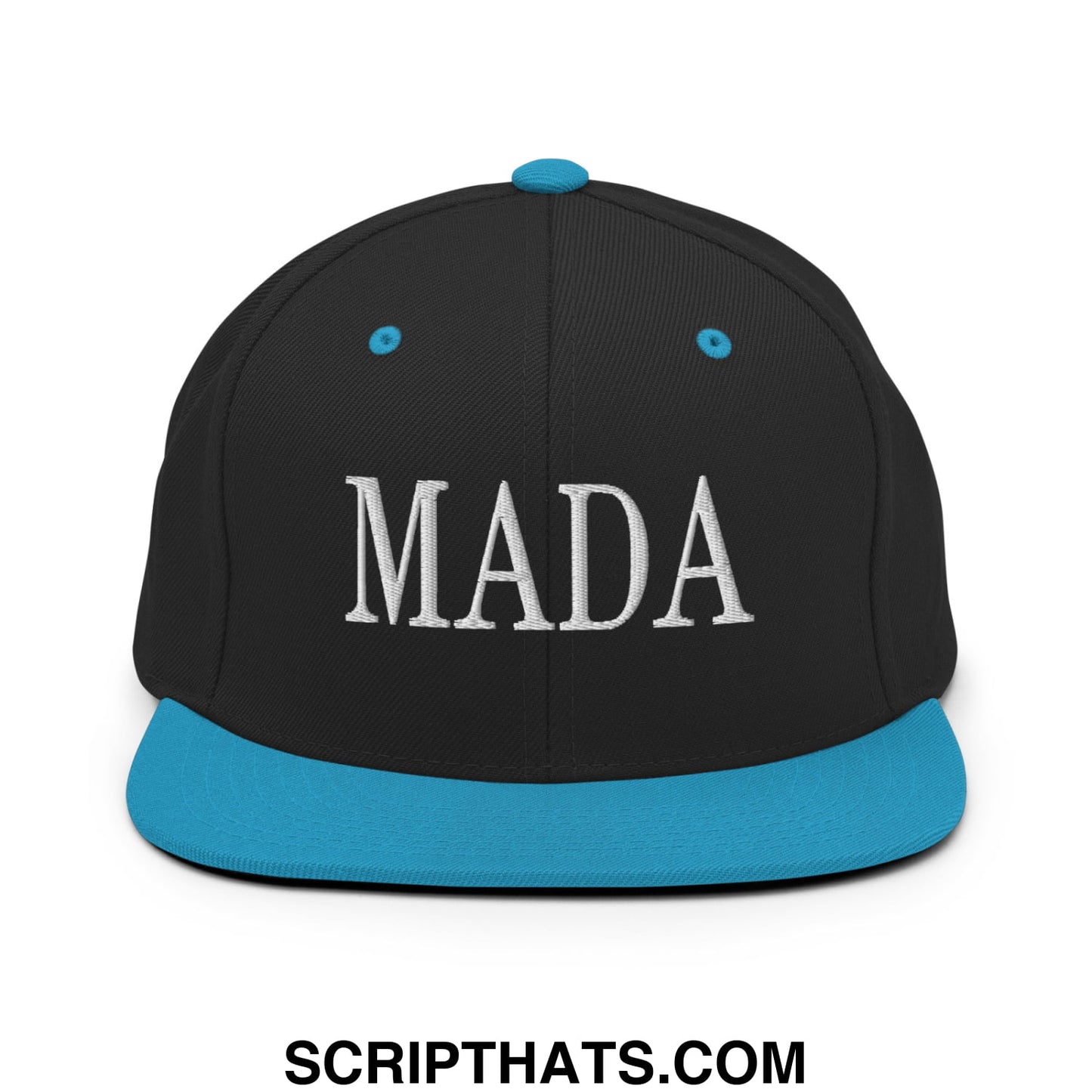 Black snapback cap with teal brim and button embroidered with mada for Make America Democrat Again design