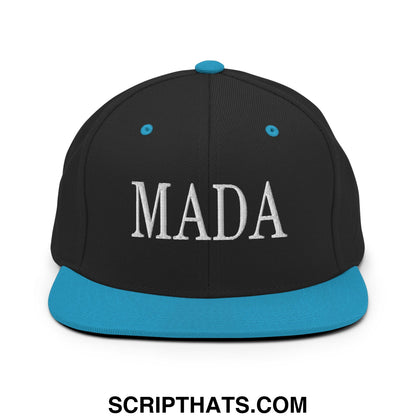 Black snapback cap with teal brim and button embroidered with mada for Make America Democrat Again design