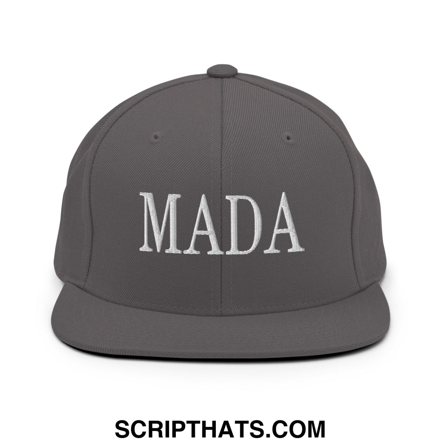 A dark gray snapback hat with mada embroidered in white thread on the front flat bill brim