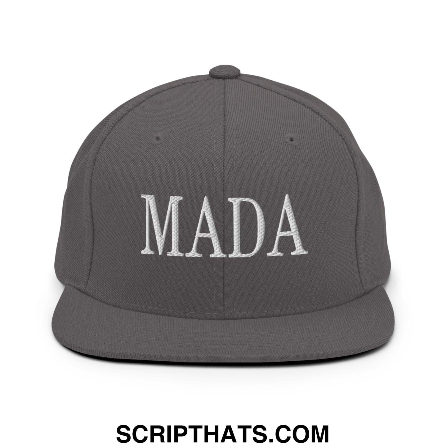 A dark gray snapback hat with mada embroidered in white thread on the front flat bill brim