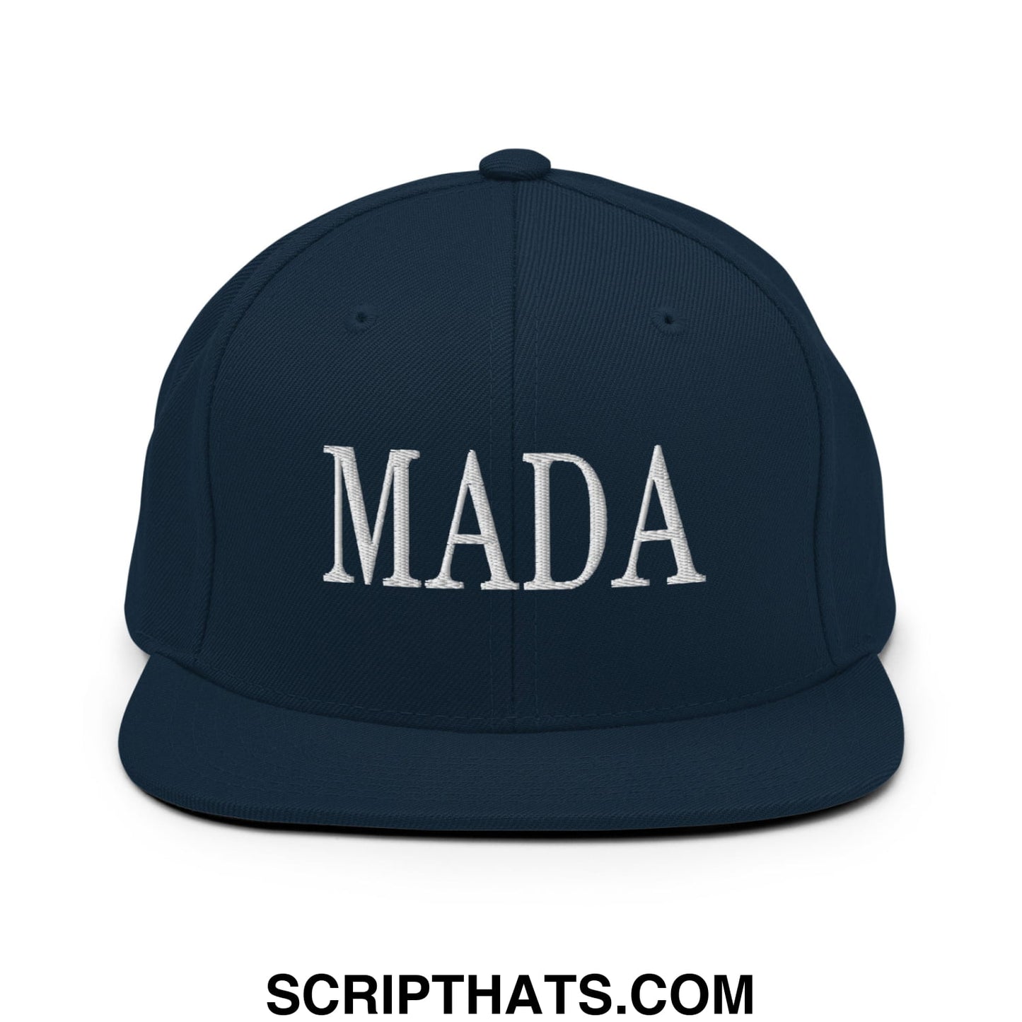 Navy blue snapback cap with white embroidered mada lettering and flat bill brim for casual wear