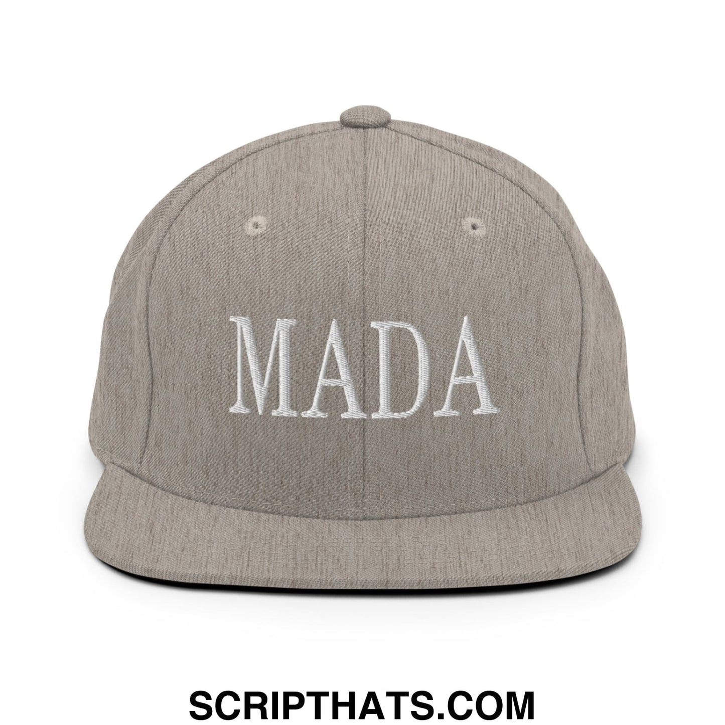 Gray snapback hat with white embroidered mada lettering and flat bill brim for casual wear